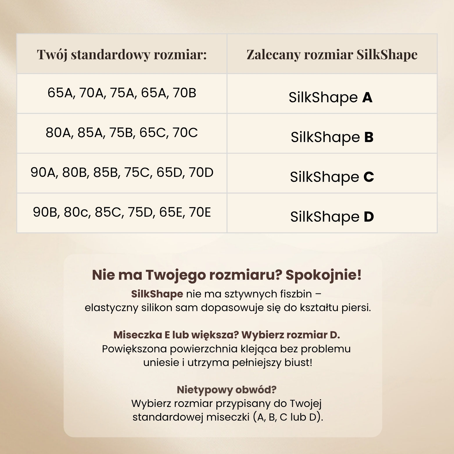Tabela rozmiarów SilkShape